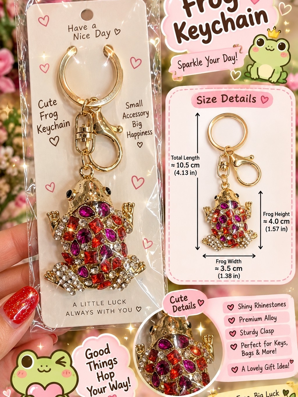 Gold Frog Keychain with Pink & Red Rhinestones - Cute Kids Accessory